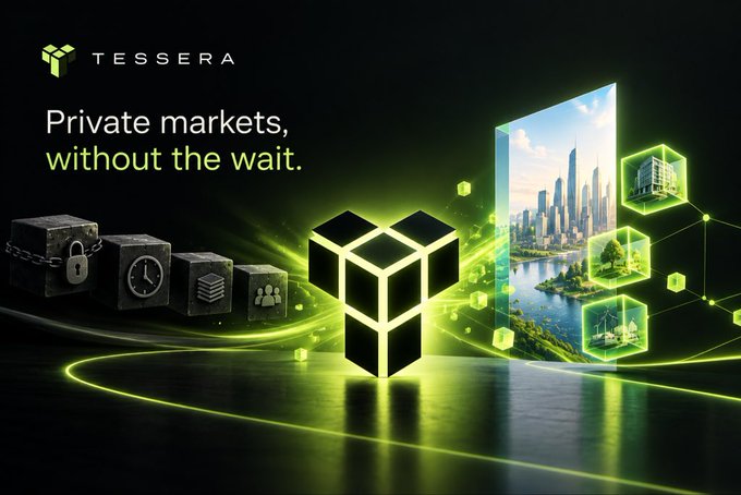 A promotional banner for "TESSERA" reads "Private markets, without the wait." featuring a 3D cube logo and imagery of tokenized real estate and city developments.