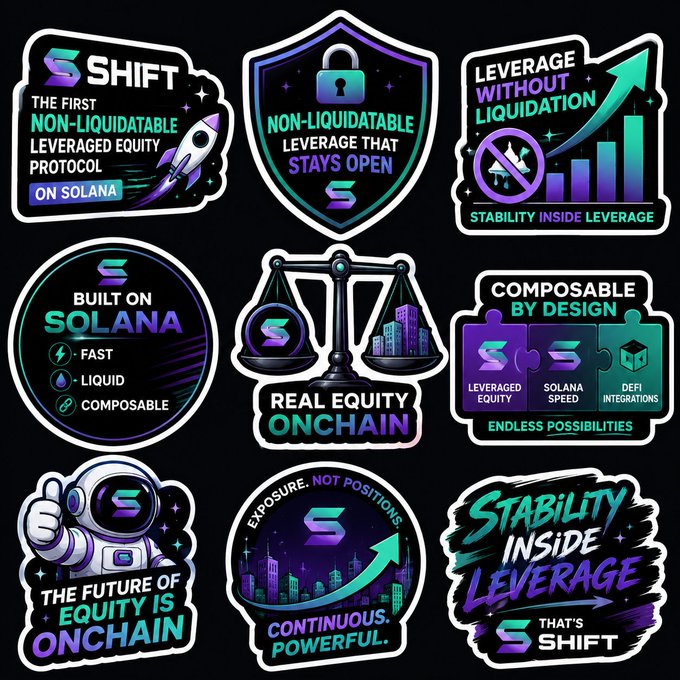 A collection of twelve stickers, each with a unique design and message, including "Shift", "SOLANA", "Real Estate", "Stability Inside Leverage", and "That's the future of equity is onchain".