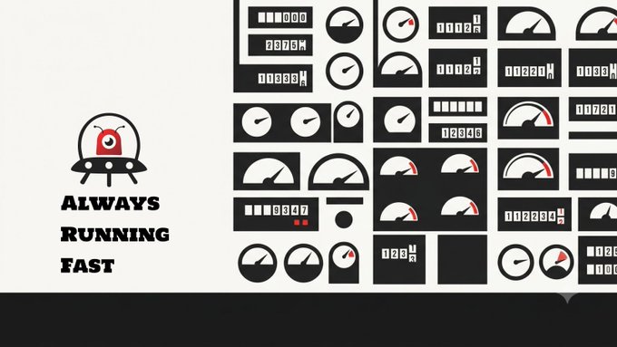 The graphic features a "ALWAYS RUNNING FAST" logo with a rocket-like gauge alongside various speedometer and digital display icons, symbolizing seamless performance. This visually reinforces the post's message of being "Always Running Fast"—highlighting how $18.9B in bridged volume, 40M transactions, and 4.7M wallets were processed so smoothly users barely noticed.
