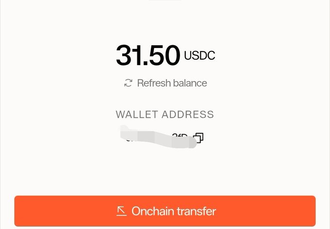 A cryptocurrency wallet interface showing a balance of 31.50 USDC, a partially obscured wallet address, and an orange 'Onchain transfer' button.