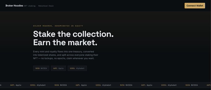 A dark-themed website for 'Broker Hodles NFT staking' on the Robinhood Chain, with the headline 'Stake the collection. Earn the market.' and ticker tags for WISA, AAPL, and GOOGL scrolling at the bottom.