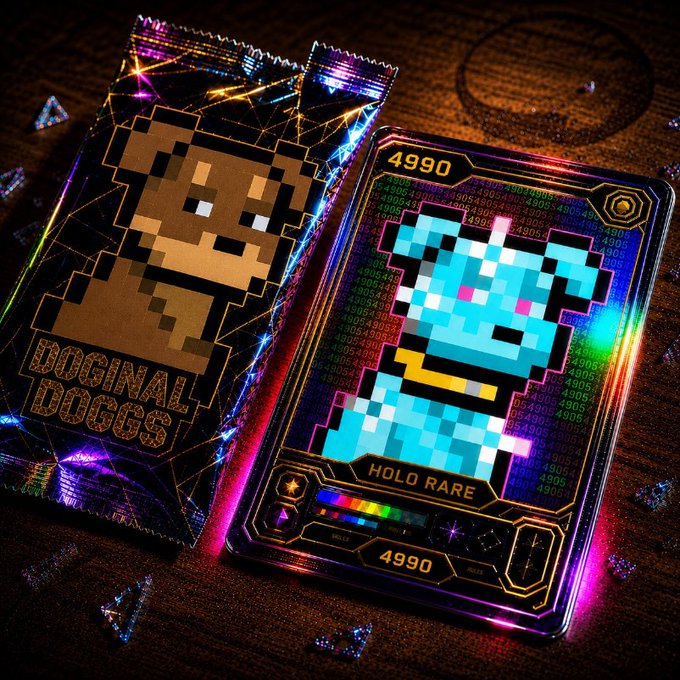 A holographic trading card featuring a pixelated cyan creature labeled 'HOLO RARE' with the number 4990, displayed next to its booster pack wrapper reading 'DOGINAL DOGS' on a wooden surface with scattered gems.