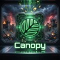 A logo for 'Canopy' featuring a stylized green tree design with a leaf pattern set against a cosmic, nebula-filled background.