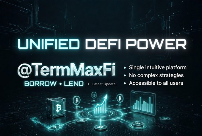 The image features a poster for TermMaxFi's DeFi platform that showcases their innovative approach to lending and borrowing pools. The poster displays a blue background with white text, highlighting the benefits of using TermMaxFi as opposed to traditional methods. It also includes icons representing different aspects of the platform, such as a bitcoin symbol and a laptop icon. The main message of the poster is to emphasize how TermMaxFi's DeFi platform simplifies the process by integrating lending and borrowing into one seamless feature.