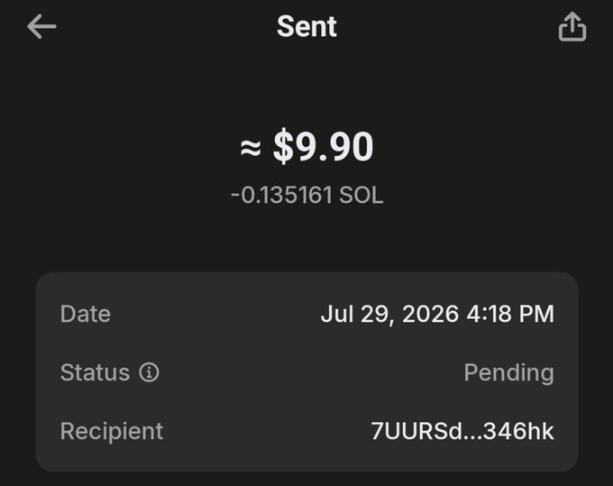 A screenshot of a sent transaction showing ≈$9.90 (-0.135161 SOL) sent to recipient "7UURSd...346hk" with a "Pending" status, dated Jul 29, 2026 at 4:18 PM. This corresponds to the $10 transfer to @MOFO235 mentioned in the post, representing the completed (or pending) first of the three transactions.