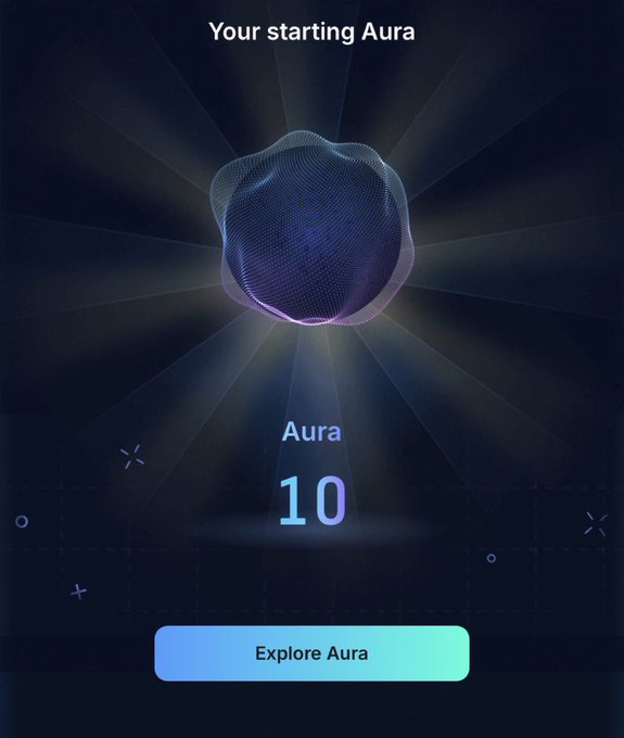 A mobile app screen titled 'Your starting Aura' displaying an abstract 3D purple/blue geometric shape with 'Aura 10' below it and an 'Explore Aura' button.