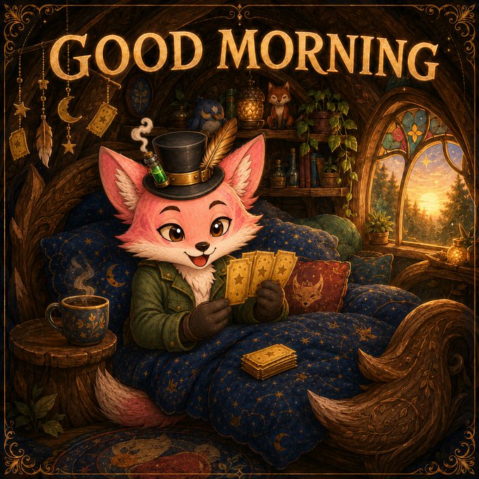 A whimsical digital illustration featuring a pink fox wearing a top hat and green coat holding cards, with the text 'GOOD MORNING' at the top, set in a cozy interior with a starry blanket and a fox tail.
