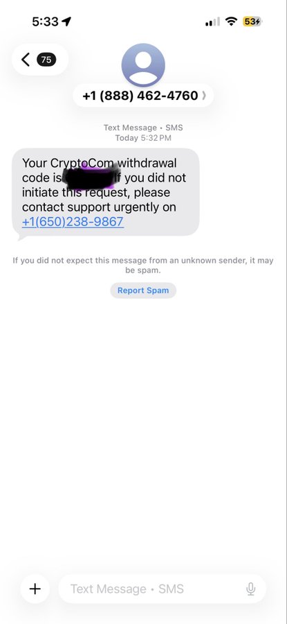 An iPhone screenshot of a suspicious text message from '+1 (888) 462-4760' claiming to be a 'Crypto.com withdrawal code' and urging the recipient to call a different support number, flagged as potential spam.