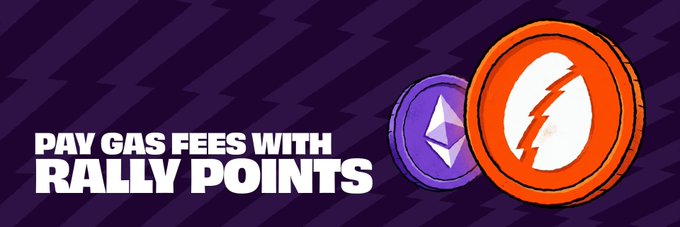 The image features a large banner with an advertisement, which displays two coins along with the text "Pay gas fees with Rally Points". The background of the banner has purple lines that add to its unique appearance. The main focus of the image is on the coins and the banner itself, showcasing them clearly for viewers to understand the message and what it is promoting.