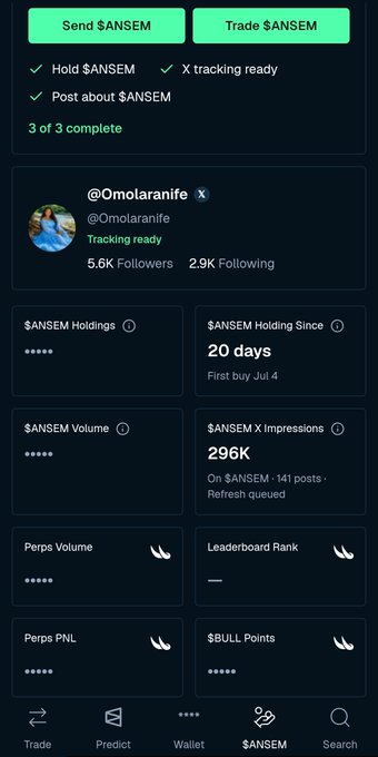 The image shows a trading dashboard for "$ANSEM" with 3 of 3 tasks complete, displaying a user profile for @Omolaranife (5.6K Followers) and metrics including 20 days of $ANSEM holdings (first buy Jul 4) and 296K $ANSEM x Impressions "On Queue · 141 posts · Refresh queued" — directly illustrating the post's complaint about the $ANSEM impression dashboard being stuck in queue for nearly 48 hours.