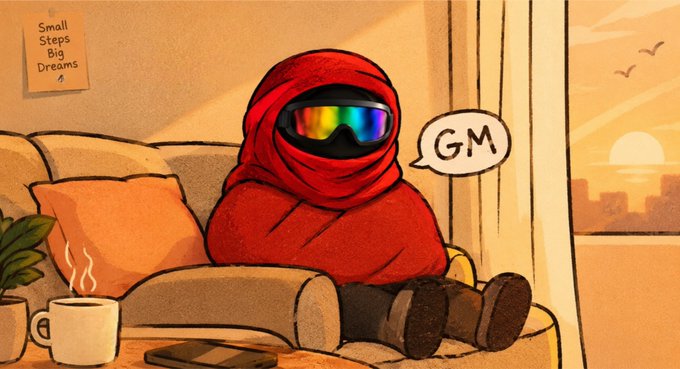 A cartoon illustration of a figure in red ninja-style clothing and reflective ski goggles sitting on a couch, saying 'GM' in a speech bubble, with a sign reading 'Small Steps Big Dreams' on the wall.