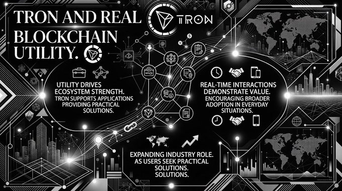 A black promotional graphic titled 'TRON AND REAL BLOCKCHAIN UTILITY' highlights how utility drives decision-making, real-time interactions showcase value, and expanding industry applications support everyday situations, featuring digital icons and network imagery.