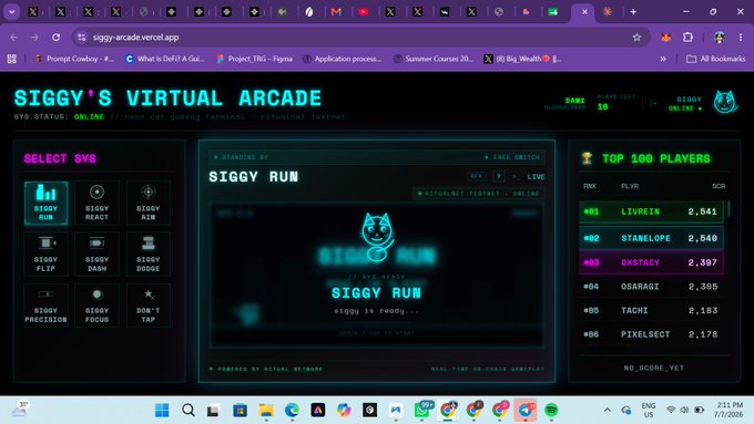 A screenshot of the 'SIGGY'S VIRTUAL ARCADE' website showing a cyberpunk-themed game selection menu with 'SIGGY RUN' loading and a 'TOP 100 PLAYERS' leaderboard.