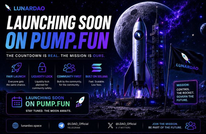 A "Launching Soon on Pump.fun" promotional graphic for Lunardao (LDAO), featuring a space-themed design with a rocket on a launchpad against a cosmic background with the moon. The image highlights key features: Fair Launch ("Everyone gets the same chance"), Liquidity Lock, Community First, and Built on Solana, alongside contact info for lunardao.space, Telegram (@LDAO_Official), and X/Twitter (@LDAO_Official).