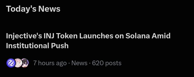 A news headline snippet reading 'Today's News' followed by 'Injective's INJ Token Launches on Solana Amid Institutional Push,' posted 7 hours ago with 620 posts.