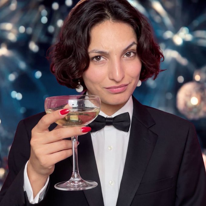 A woman with dark wavy hair wearing a black tuxedo and bow tie, holding up a coupe glass of white wine and winking at the camera against a bokeh background.