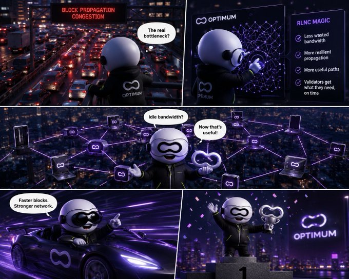 Comic-style promotional graphic for Optimism's RLNC (Random Linear Network Coding) technology, featuring a mascot character explaining how it reduces block propagation congestion and uses idle bandwidth efficiently.