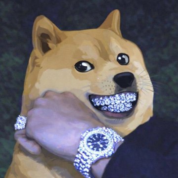 An edited image of a Shiba Inu dog with diamond grills on its teeth, while a person's hand wearing a diamond-encrusted watch holds its paw.