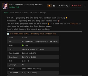 A Telegram-style group chat showing a crypto trading discussion about a BTC-PERP-USDC LONG position awaiting tap confirmation, with details showing entry at $63,054, leverage 4x, and P/L of $64,040 (+1.57%).