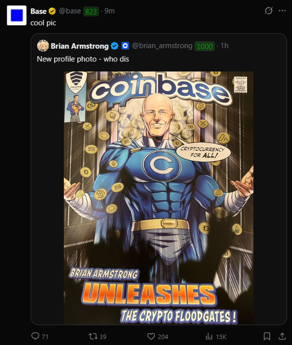 A tweet from Base (@base) quote-tweeting Brian Armstrong (@brian_armstrong) who posted a comic-style image captioned 'New profile photo - who dis' depicting himself as a superhero with 'coinbase' and 'CRYPTOCURRENCY FOR ALL!' text, with 'BRIAN ARMSTRONG UNLEASHES THE CRYPTO FLOODGATES!' below.