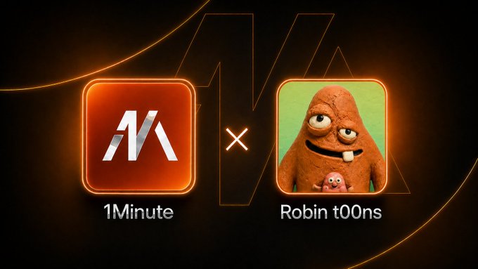 A promotional graphic displays two app icons side by side: '1Minute' with an orange '1K' logo on the left, and 'Robin t00ns' featuring a claymation character on the right, connected by an 'x' symbol.