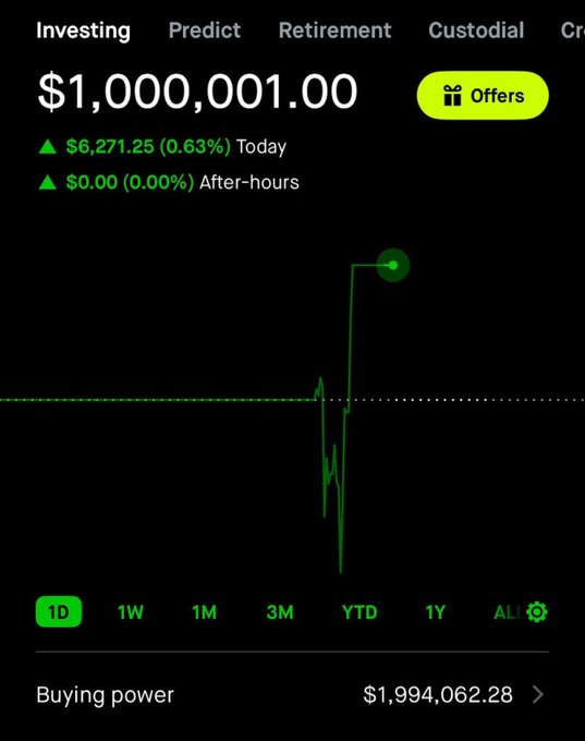 A financial app screen displaying an account value of $1,000,001.00, which is up $6,271.25 (0.63%) today, with a YTD performance chart.
