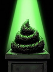 A coiled snake-like sculpture illuminated by a green spotlight on a pedestal against a black background.