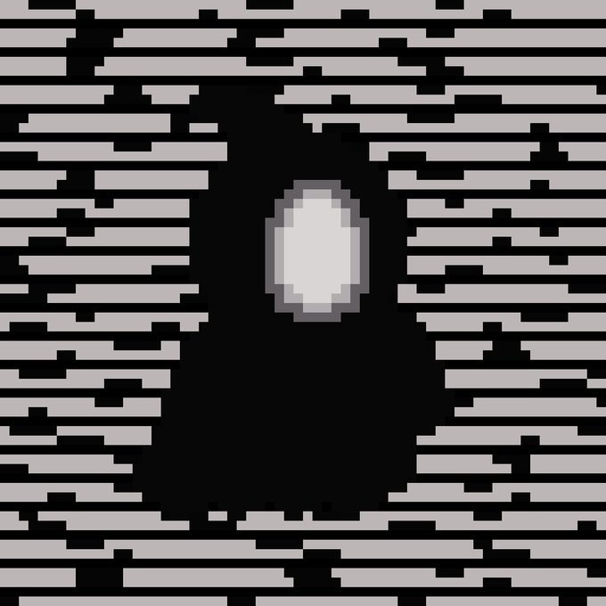 Pixel art illustration showing a dark figure with a white face/mask surrounded by horizontal gray and black lines.
