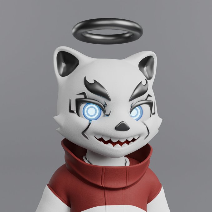 A 3D-rendered character with a white fox-like head, glowing blue spiral eyes, sharp teeth, and a black halo floating above it, wearing a red and white hoodie.