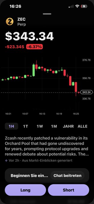 The image features a phone screen displaying a black background with a graph or chart, showing fluctuations of cryptocurrency prices over time. A post has been tagged with "ZEC Perp" and "Wtf went down 6% more but the only issue is no one know if someone have unlimited of them Funny part they have no xmr more to sell Bye bye mert". The text on this post seems unrelated to the phone screen, which features a chart or graph that shows fluctuations in cryptocurrency prices. It appears that the focus of the image and its accompanying tag are not directly connected to each other.