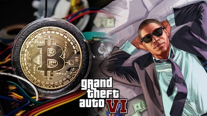 A composite image featuring the 'Grand Theft Auto VI' logo, a physical Bitcoin coin, and an illustrated man in a suit and sunglasses with money around him.