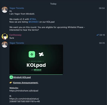 The image shows a Telegram chat with Yegor Toronto from MindAI announcing eligibility for a $TRIA whitelist with 5K+STRIA stake on KOLpad, followed by a promotional banner for MindAI's KOLpad platform (a "$4M Raise") alongside a blocked link. The accompanying post warns that this type of deal—where creators post content (like this 12-post promotional thread) for a fraction of an allocation with cash-back incentives and delayed unlocks—forces influencers to absorb 100% of the downside risk while projects offload their marketing distribution costs.
