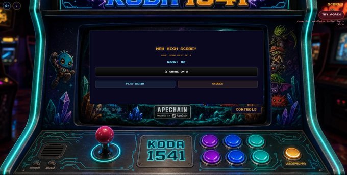A digital arcade game screen displaying "NEW HIGH SCORE!" for "KODA 1541" with a "PLAY AGAIN" option, featuring a neon-lit cabinet with colorful buttons and a red joystick.