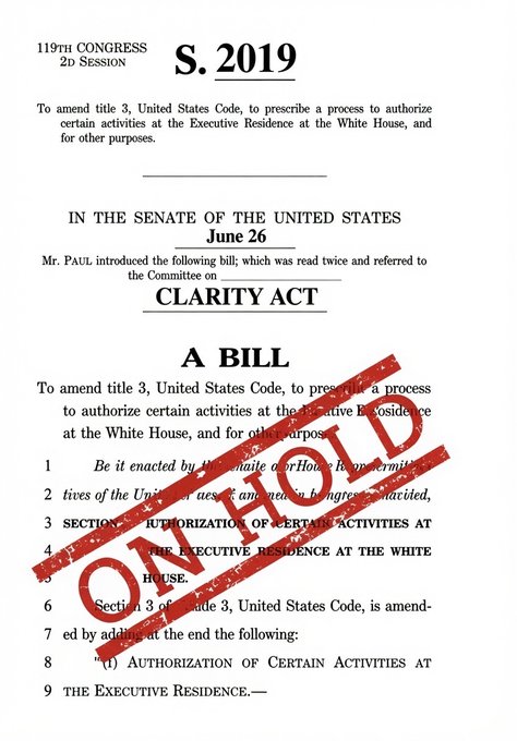 A document titled 'S. 2019' and 'CLARITY ACT' from the 119th Congress 2d Session, with a large red 'OVERRULED' stamp across it.