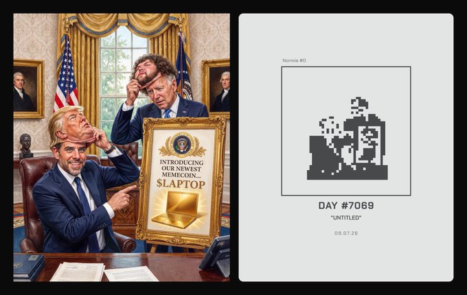 An image featuring a satirical political scene with two figures in an Oval Office setting pointing at a golden laptop labeled 'INTRODUCING OUR NEWEST MEMECOIN... $LAPTOP', alongside a pixel art NFT titled 'Nonnie #0' for 'DAY #7069'.