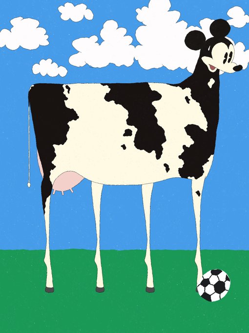 A whimsical illustration features a tall black-and-white cow with Mickey Mouse ears standing on green grass next to a soccer ball under a blue cloudy sky.