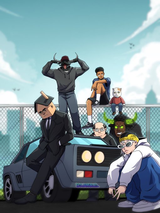 An anime-style illustration featuring a group of diverse characters posing around a dark car, including a man in a suit with a cardboard box head, a person wearing a horned helmet, and others in urban/streetwear fashion.