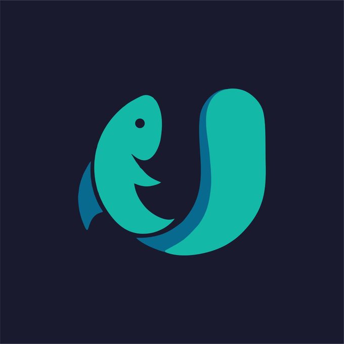 A logo featuring a stylized teal and blue fish or whale design on a dark background.