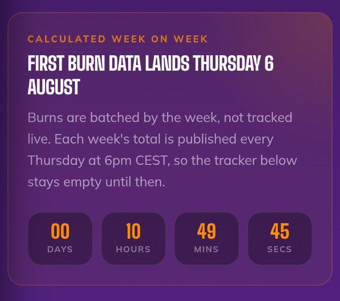 A digital dashboard with a purple gradient background displays a countdown timer of 00 days, 10 hours, 49 minutes, and 45 seconds, with the heading 'FIRST BURN DATA LANDS THURSDAY 6 AUGUST' under 'CALCULATED WEEK ON WEEK'.