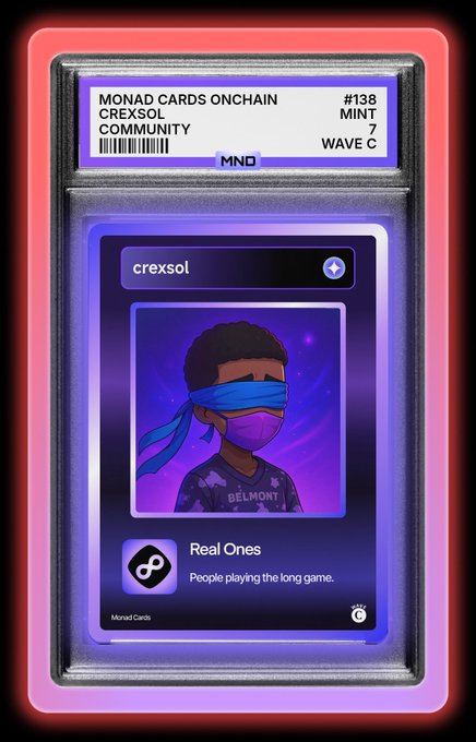 A digital NFT-style card labeled 'MONAD CARDS ONCHAIN' #138 for the 'CREXSOL COMMUNITY' with MINT 7 WAVE C, displaying a character named 'crexsol' with a blue headband and purple mask, captioned 'Real Ones - People playing the long game.'