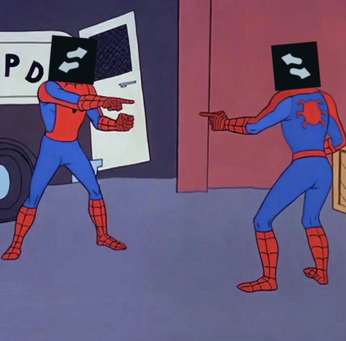 A humorous edited cartoon image showing two Spider-Man characters pointing at each other, but with their heads replaced by the black and white logo of the Subswap cryptocurrency app.