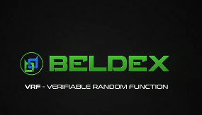 A logo graphic on a dark background featuring a green shield icon with the text 'BELDEX' in large green letters and the tagline 'VRF - VERIFIABLE RANDOM FUNCTION' beneath it.