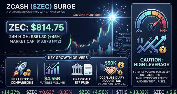 An infographic titled 'ZCASH ($ZEC) SURGE' displays ZEC at $814.75, noting a January 2018 peak of $800, with sections on key growth drivers and a caution about high leverage.