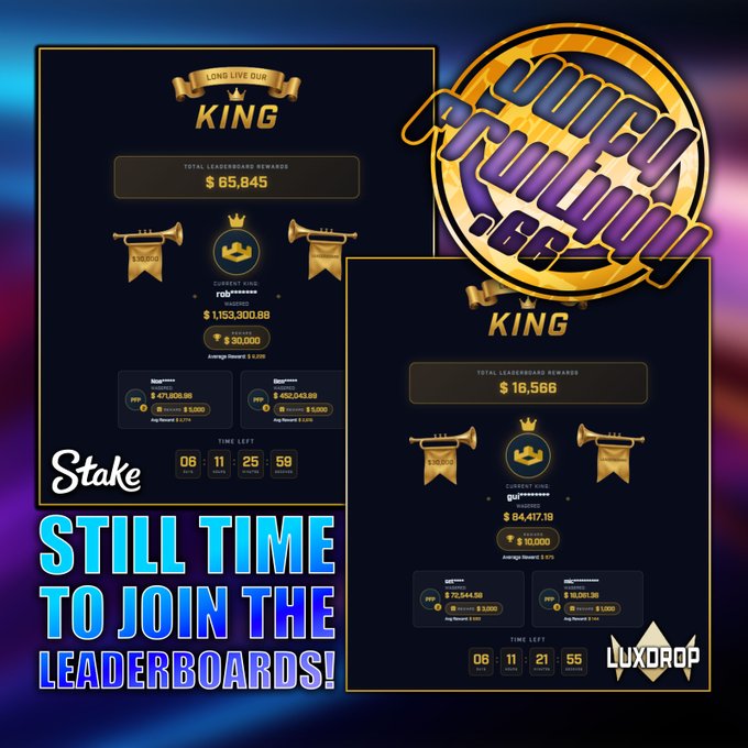 A promotional graphic for a gambling/betting leaderboard titled '$1,000,000 RAIN KING' featuring Stake and LuxorDrop branding, displaying 'STILL TIME TO JOIN THE LEADERBOARDS!'