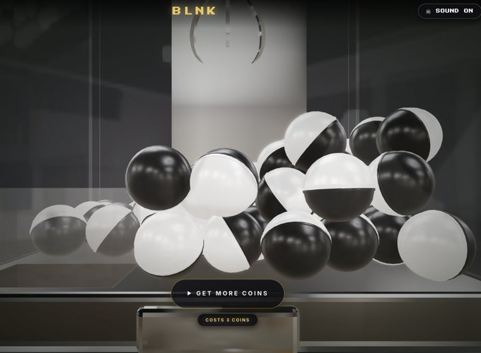 A digital claw machine interface labeled 'BLNK' shows a pile of black and white capsules, with buttons reading 'GET MORE COINS' and 'COSTS 2 COINS' along with a 'SOUND ON' toggle.
