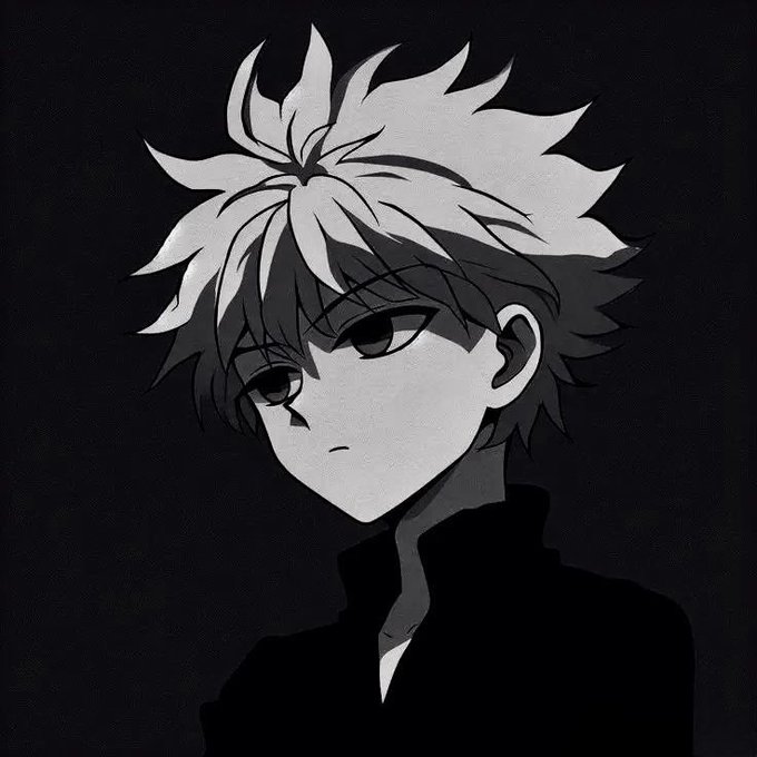 A black and white anime-style illustration of a character with spiky white hair and dark eyes against a black background.