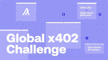 A digital graphic with a purple background advertises a 'Global x402 Challenge' with text showing '100K USD + 500K ALGO prize pool' and 'Get volume. Win prizes.' alongside an Algorand logo.