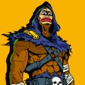 An illustrated cartoon character of a muscular warrior with long dark hair, wearing tribal-style armor with a blue hood.