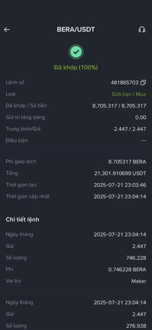 A cryptocurrency trading interface showing a BERA/USDT order marked as successfully matched (100%) with details about the order and recent trades