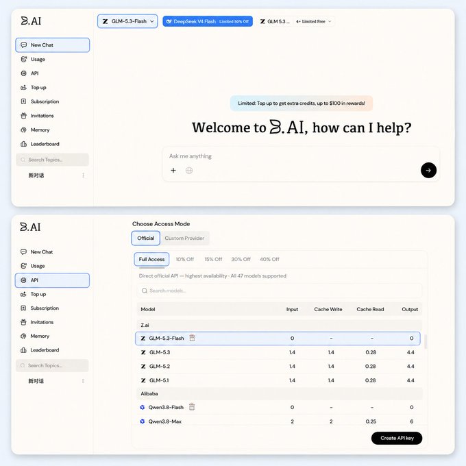 Screenshots of the Z.AI platform interface, showing model selection options including 'GLM-5-3-Flash' and 'Qwen3-8-Flash' with associated pricing for input/output tokens.